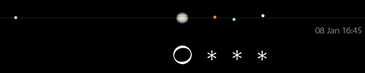 Galileo's drawing of Jupiter's moons for January 8, time not given,
compared to a modern calculation for 16:45 UT.