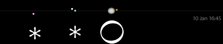 Galileo's drawing of Jupiter's moons for January 10, time not given,
compared to a modern calculation for 16:45 UT.