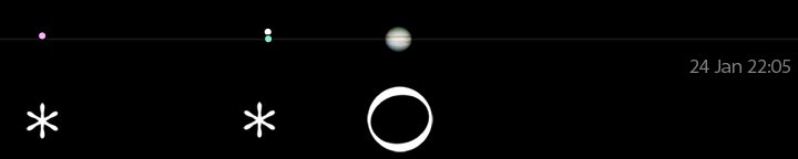 Galileo's drawing of Jupiter's moons for January 24, 6 hours after sunset,
compared to a modern calculation for 22:05 UT.